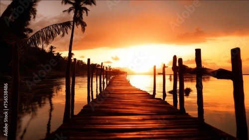 A wooden pier stretching into the distance at sunset.