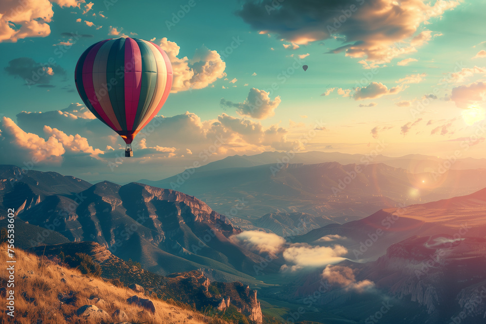 beautiful inspirational landscape with hot air balloon flying in the sky, travel destination - obrazy, fototapety, plakaty 