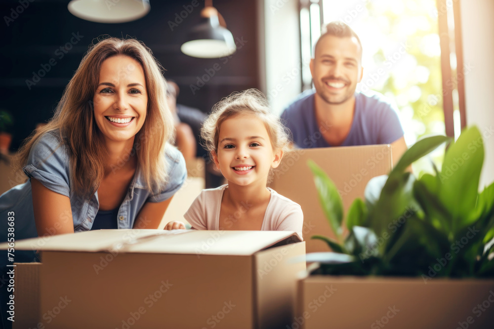 Happy family moving arrange cardboard box, home moving or renovation apartment Happy family moving arrange cardboard box, home moving or renovation apartment