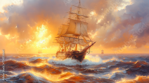 Ship Sailing Through Calm Waters Underneath Colorful Sky
