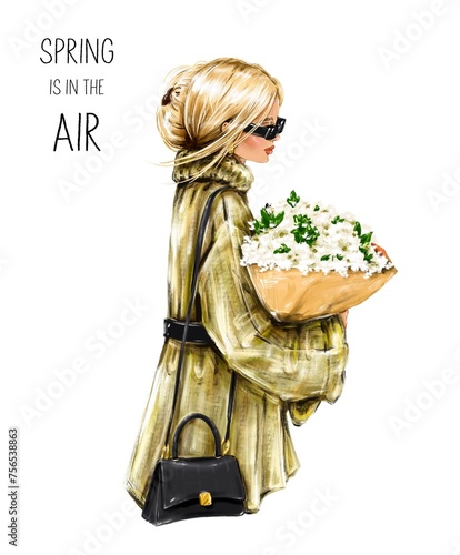 Beautiful fashion blond hair woman with flowers. Stylish girl holding bouquet. Pretty woman in sunglasses. Fashion illustration 