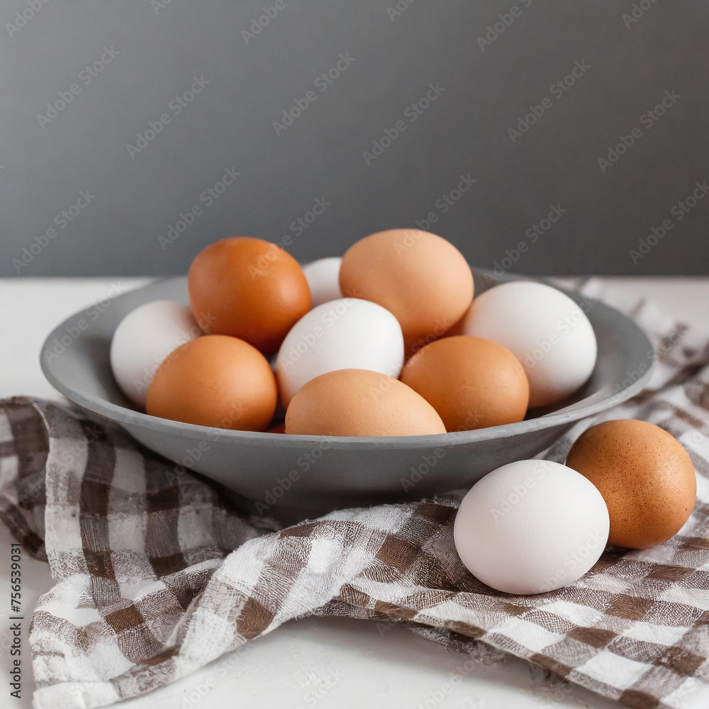 Chicken eggs white and brown color in the kitchen Chicken eggs white and brown color in the kitchen