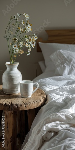 Rustic Bedside Serenity: Natural Cotton Bedding and Decor in Luxury Home Setting