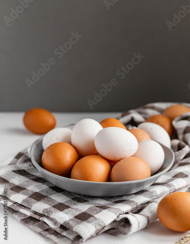 Chicken eggs white and brown color in the kitchen