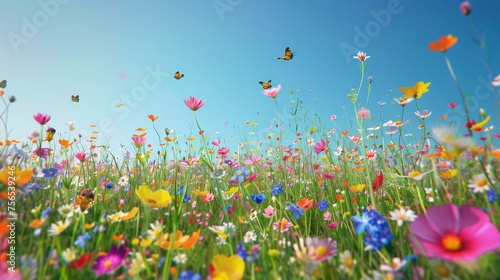 A vibrant field of wildflowers in various colors, buzzing with bees and butterflies under a clear blue sky.