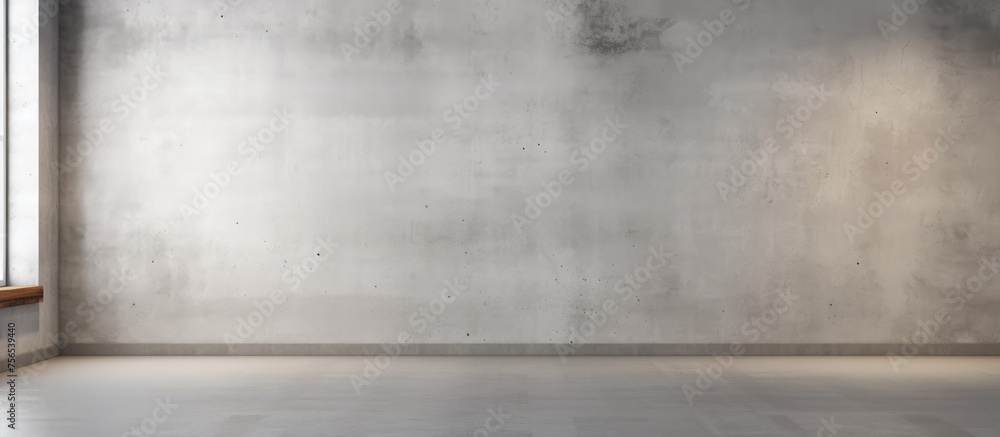 An empty room with a grey concrete wall and a rectangular window. The flooring is hardwood with tints and shades. The glass window has a composite material frame