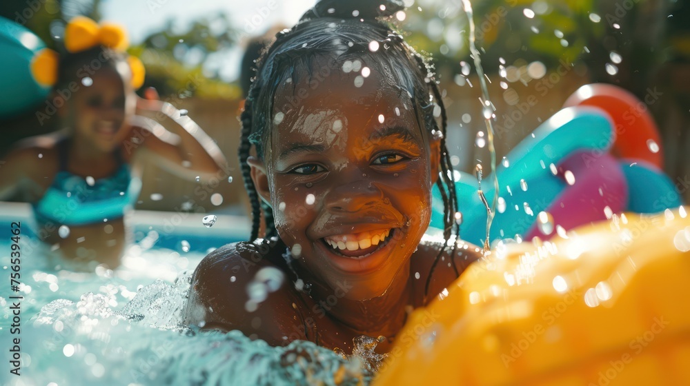 A close-up portrait capturing the pure joy of a family playing with water toys in the pool - obrazy, fototapety, plakaty 