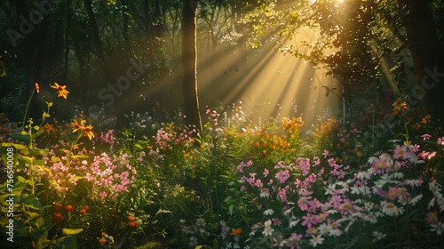 Beams of sunlight piercing through dense forest foliage, illuminating a carpet of wildflowers in varying shades.