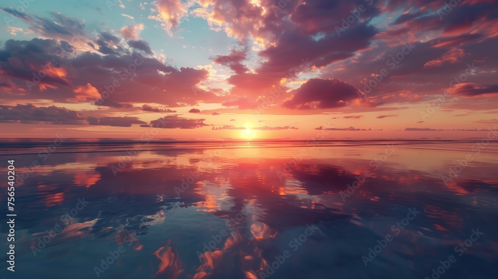 Dazzling reflections of a coastal sunset on the mirrored surface of a calm, shallow lagoon.