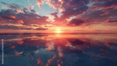 Dazzling reflections of a coastal sunset on the mirrored surface of a calm, shallow lagoon.