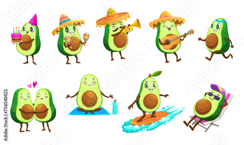 Cartoon mexican cheerful avocado characters. Cute green fruits vector personages doing yoga exercises, playing guitar, maracas and trumpet, surfing, running and sunbathing with sunglasses and sombrero