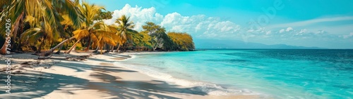 Beautiful beach with palm trees in summer 32:9 panoramic in high resolution and high quality. paradise beach concept