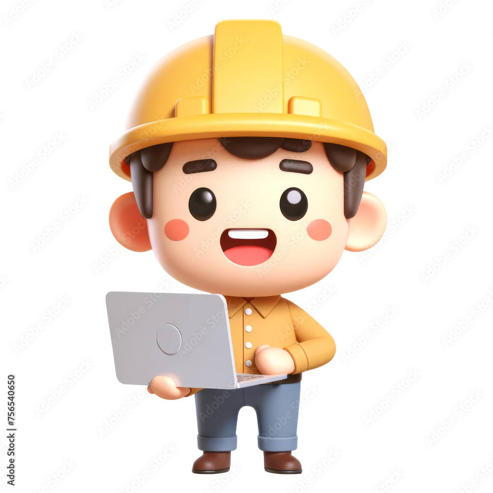 3d cute engineer character in work uniform and safety helmet, holding a laptop, 3d character. 3d cute engineer character in work uniform and safety helmet, holding a laptop, 3d character.