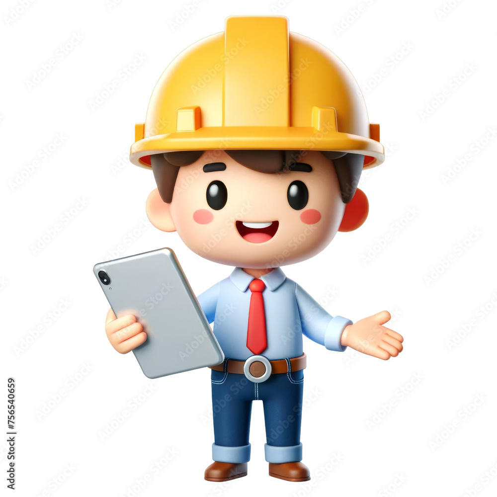 3d cute engineer character with a hard hat and tie, holding a tablet, 3d character. 3d cute engineer character with a hard hat and tie, holding a tablet, 3d character.