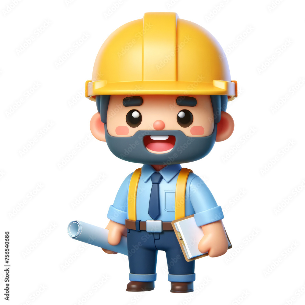 3d cute engineer character with beard wearing a safety vest and hard hat, holding a blueprint roll and a clipboard, 3d character. 3d cute engineer character with beard wearing a safety vest and hard hat, holding a blueprint roll and a clipboard, 3d character.