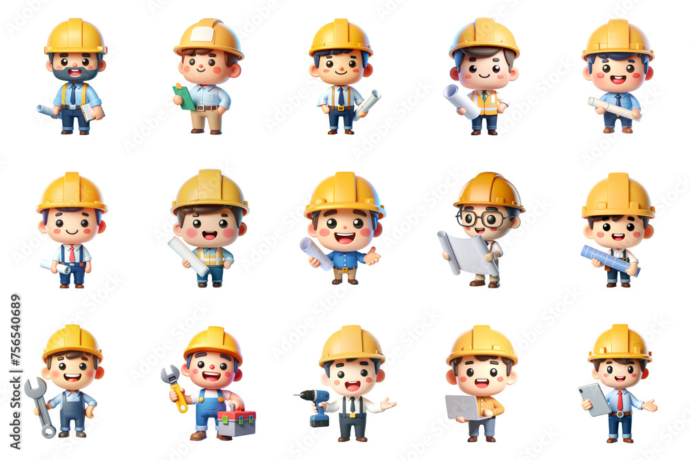 Collection of 3d cartoon boy characters in various engineering and construction roles with tools, hard hats, and plans. Collection of 3d cartoon boy characters in various engineering and construction roles with tools, hard hats, and plans.