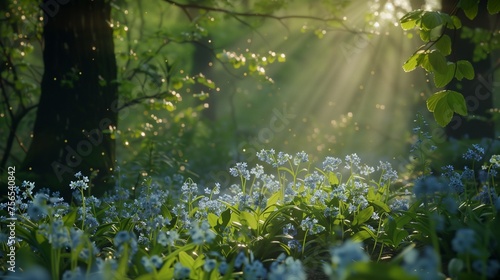 Sunlight filtering through a dense canopy, illuminating a bed of forget-me-nots in a secret woodland glade.