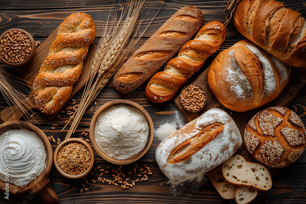 Top view of different bread and loaf on wooden background