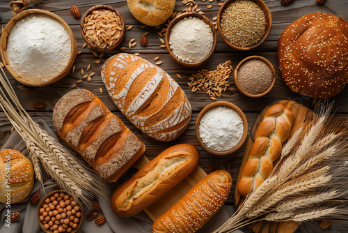 Top view of different bread and loaf on wooden background