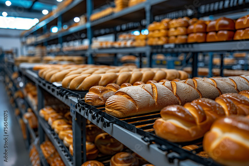 Bread bakery food factory with white bread on shelves at the manufacturing
