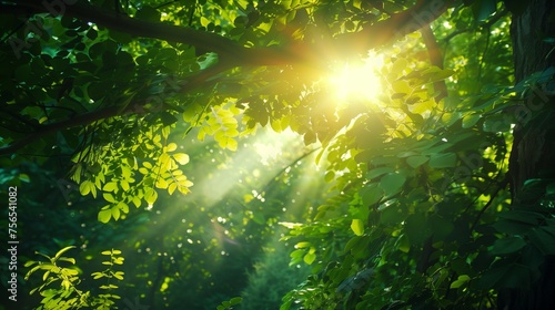 Sunlight filtering through the leaves of a dense forest  creating a dappled effect on the vibrant green foliage below.