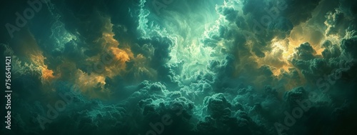 Thunderclouds. A dark blue and green sky against a dramatic sky background. Web banner. Epic scene. Majestic, magical, creepy, fantastic, horror, mystical.