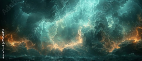 A dark blue-green sky with thunderclouds. A dramatic sky background with some copy space for your design. A web banner. A scene that is epic, magical, creepy, fantastic, horror, and mystical. photo