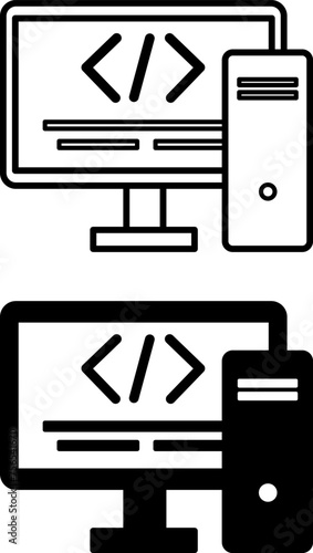 Coding Icons. Black and White Vector Icons. Computer with Written Code and System Unit. Software Development Concept