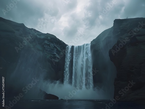 Low-angle drone shot capturing the majestic Skógafoss Falls in Iceland against a moody sky, taken with a Sony Alpha A7 III.