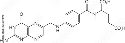 Vitamin b9, or folic acid, has a molecular formula c19h19n7o6. Its structure includes a pteridine ring, para-aminobenzoic acid, and a glutamic acid residue. Vector chemical structure or scheme