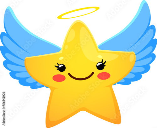 Cartoon cute kawaii star character with angel wings and halo. Vector personage of magic little twinkle with happy face and cheerful smile. Space angel emoticon and holy star emoji with shining beams
