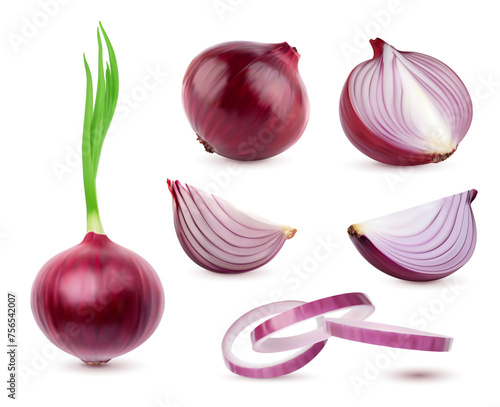 Ripe raw realistic red onion vegetable. Whole and half, ring and slice isolated veggie food with shadows. Vector 3d bulbs, rings and wedges of red onion with sprouted green leaves, veggie condiment