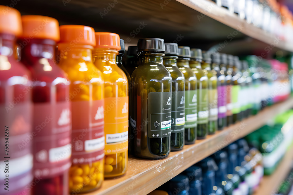 A shelf displaying glass bottles filled with colorful liquids A shelf displaying glass bottles filled with colorful liquids