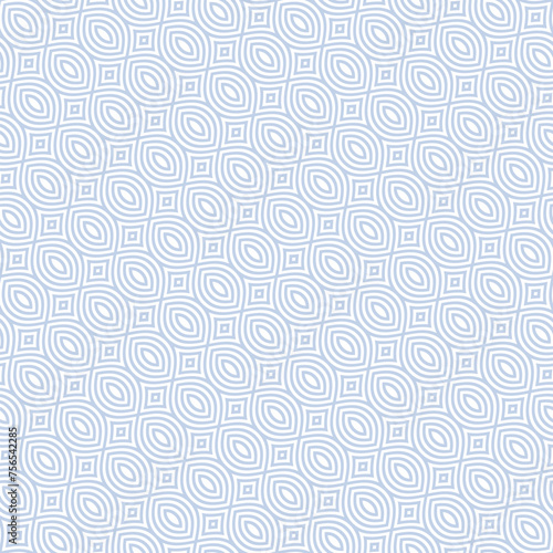 Vector abstract geometric seamless pattern in arabesque style. Subtle light blue and white background with curved lines, simple shapes, diagonal grid. Elegant minimal ornament texture. Repeat design