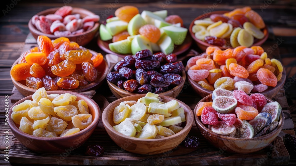 Dried Fruits and Fruit Mixes Arrayed on Natural Wood Surface
