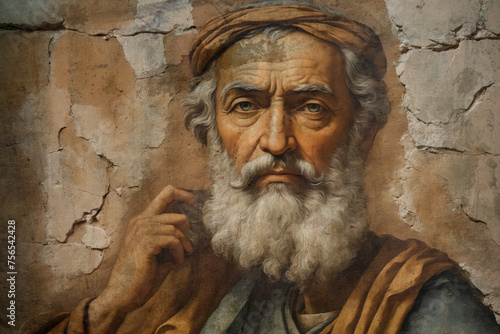 Alte Wand als Leinwand mit einem biblischen Männerporträt.Moses , Abraham. Der Putz bröckelt ab. photo