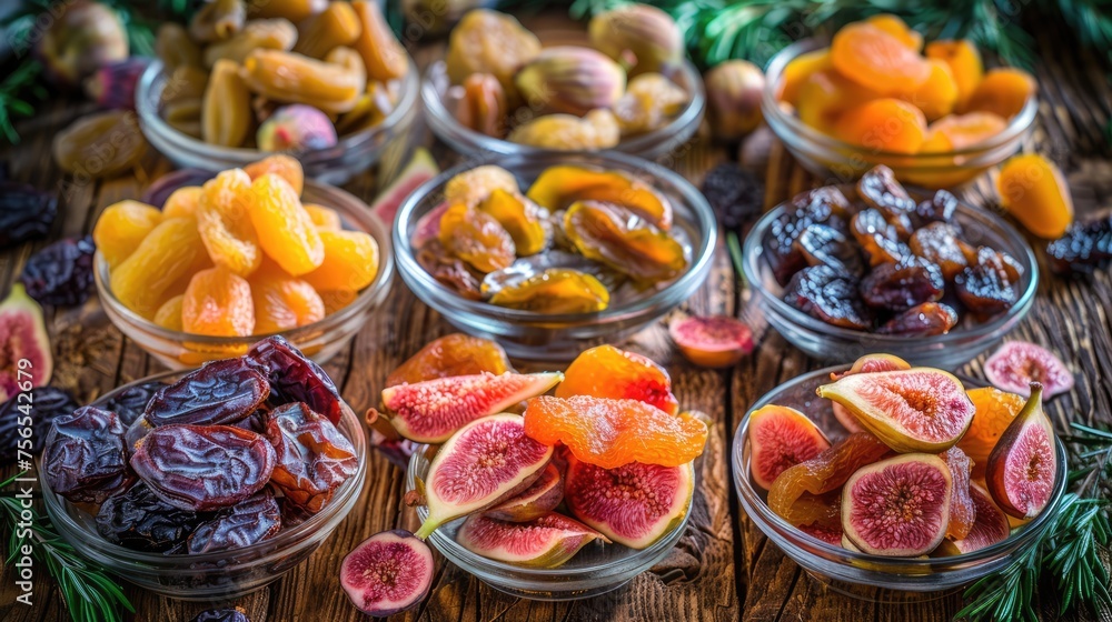 Mix of Dried Fruits and Fruit Blends Featured on Wooden Table Mix of Dried Fruits and Fruit Blends Featured on Wooden Table