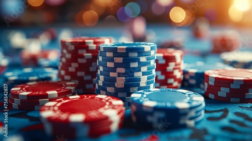 Casino chips and dice lie on a green playing table for poker, roulette, blackjack, big risks big money