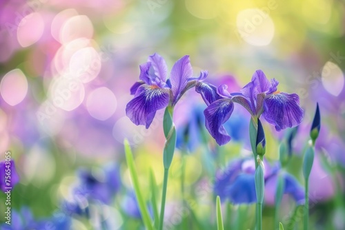 Purple japanese irises bloom in a vibrant summer garden. Spring Background.