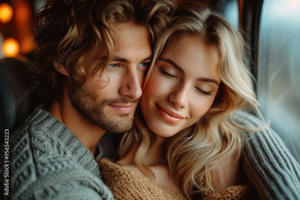 A couple in love in a comfortable railroad car. A couple in love in a comfortable railroad car.