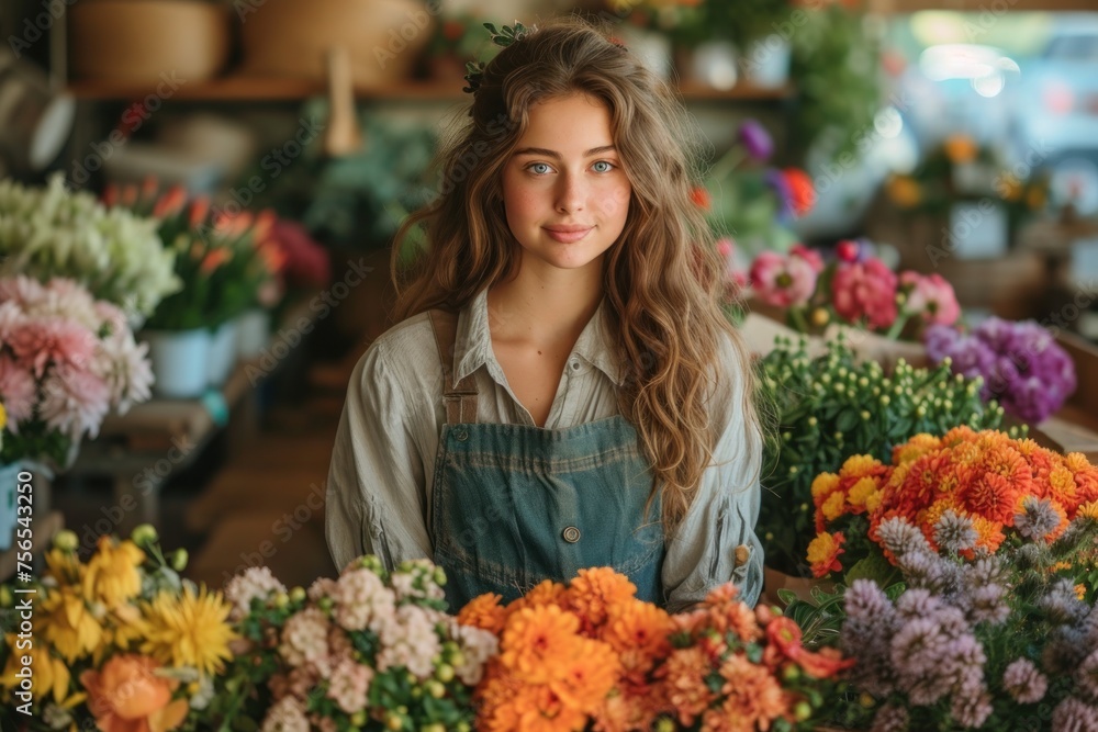 A florist girl assembles a bouquet on a wooden table in a flower store