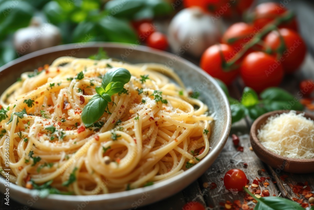 A harmonious blend of textures and colors with a plate of Italian pasta surrounded by fresh ingredients on a wooden surface A harmonious blend of textures and colors with a plate of Italian pasta surrounded by fresh ingredients on a wooden surface