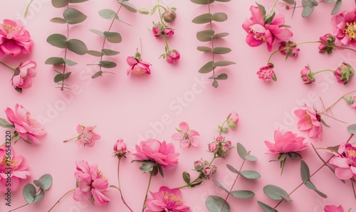 Pink flowers and eucalyptus branches on pink background. Greeting card for Mother's Day, Woman's Day, Easter, Valentine's Day, Wedding, and Birthday celebration. Flat lay, empty space, top view.