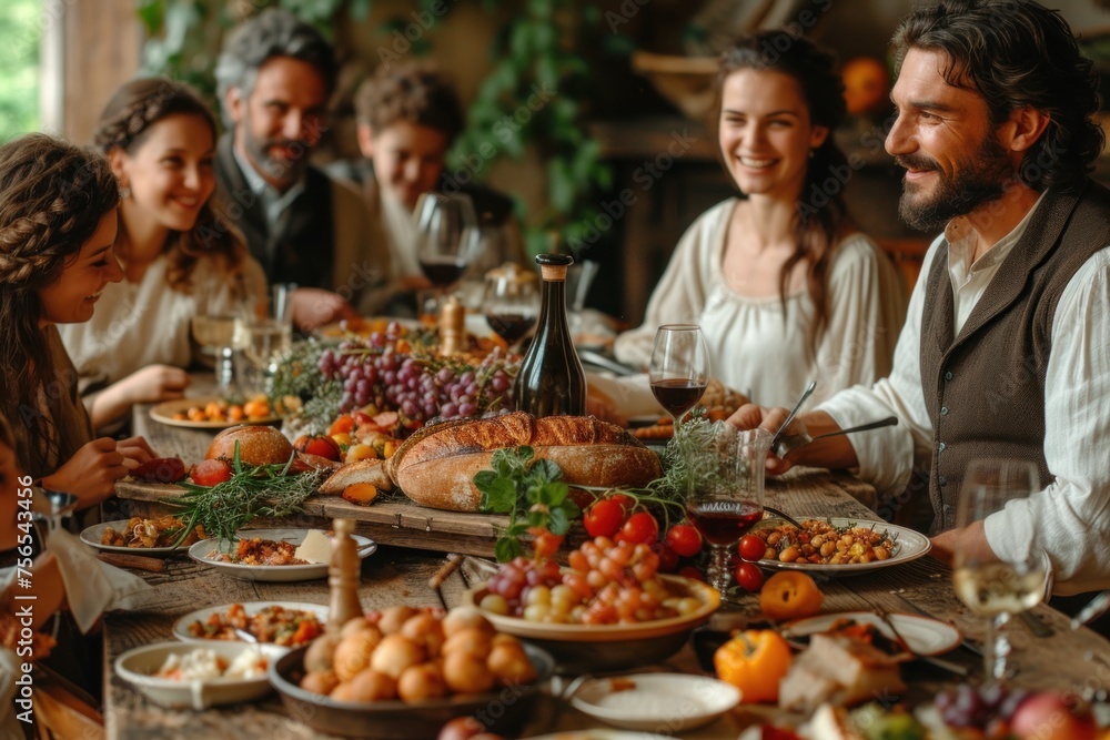 A nostalgic portrayal of Italian family ties, this photo showcases generations gathered around a rustic table, savoring traditional dishes and sharing laughter in the warm glow of togetherness