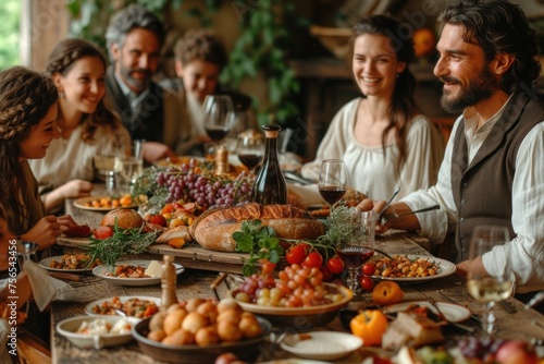 A nostalgic portrayal of Italian family ties  this photo showcases generations gathered around a rustic table  savoring traditional dishes and sharing laughter in the warm glow of togetherness