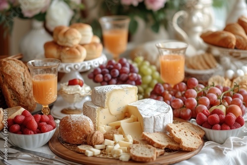A visually diverse and appetizing assortment of breakfast foods arranged on an elegant table setting.