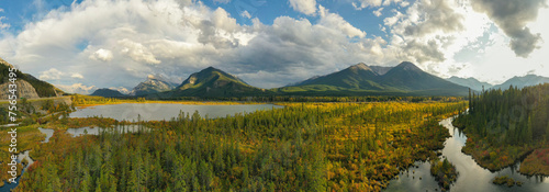 Panoramic Aerial view of the Vermilion Lakes near Banff, Canada.