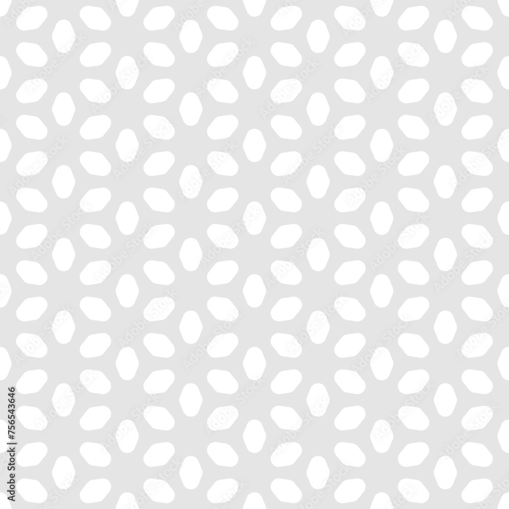 Subtle vector floral minimalist seamless pattern. Delicate light gray and white abstract geometric background with simple flower silhouettes, petals, leaves, mesh, grid. Minimal repeat geo texture