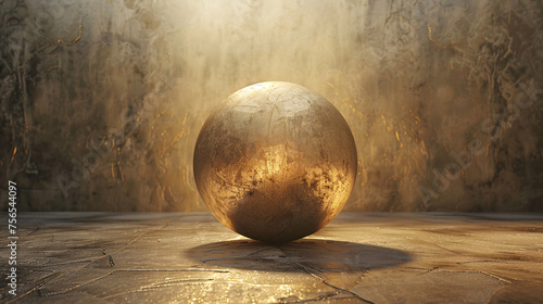 A weathered golden sphere stands on a cracked surface. photo