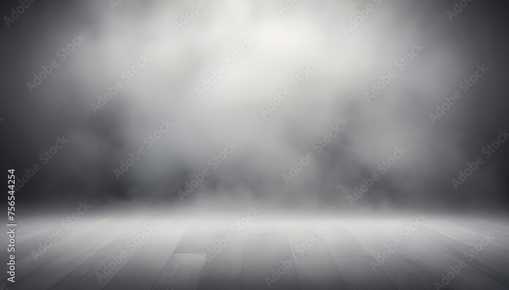 A sleek studio background, backdrop, featuring fog effect texture, a touch of subtle shimmer or a gradient that transitions from grey to white for added depth - obrazy, fototapety, plakaty 